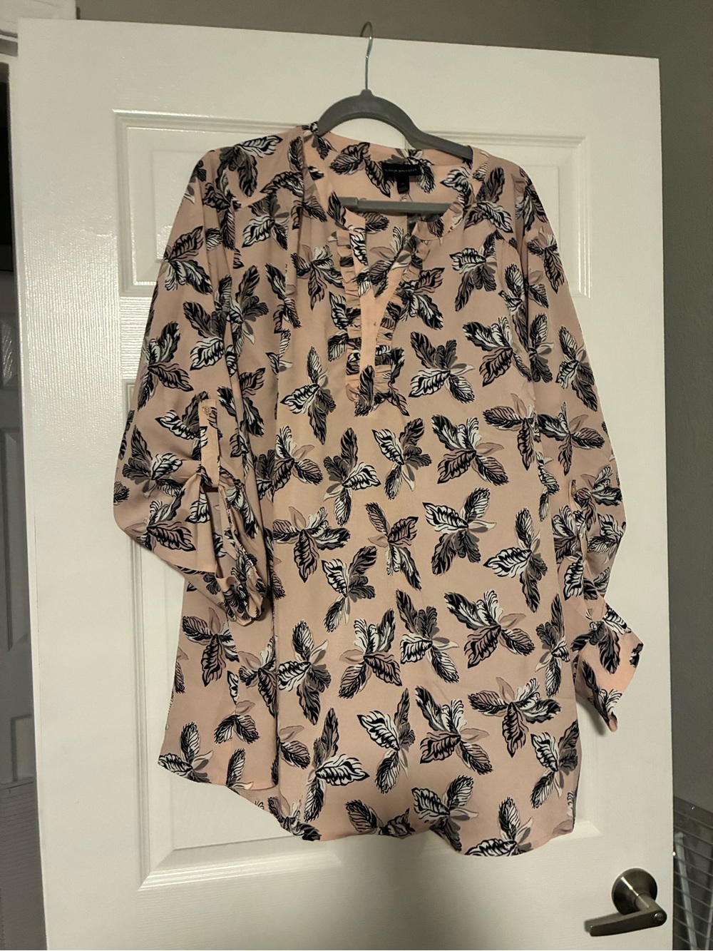 Blush Leaf-Print Button-Neck Blouse